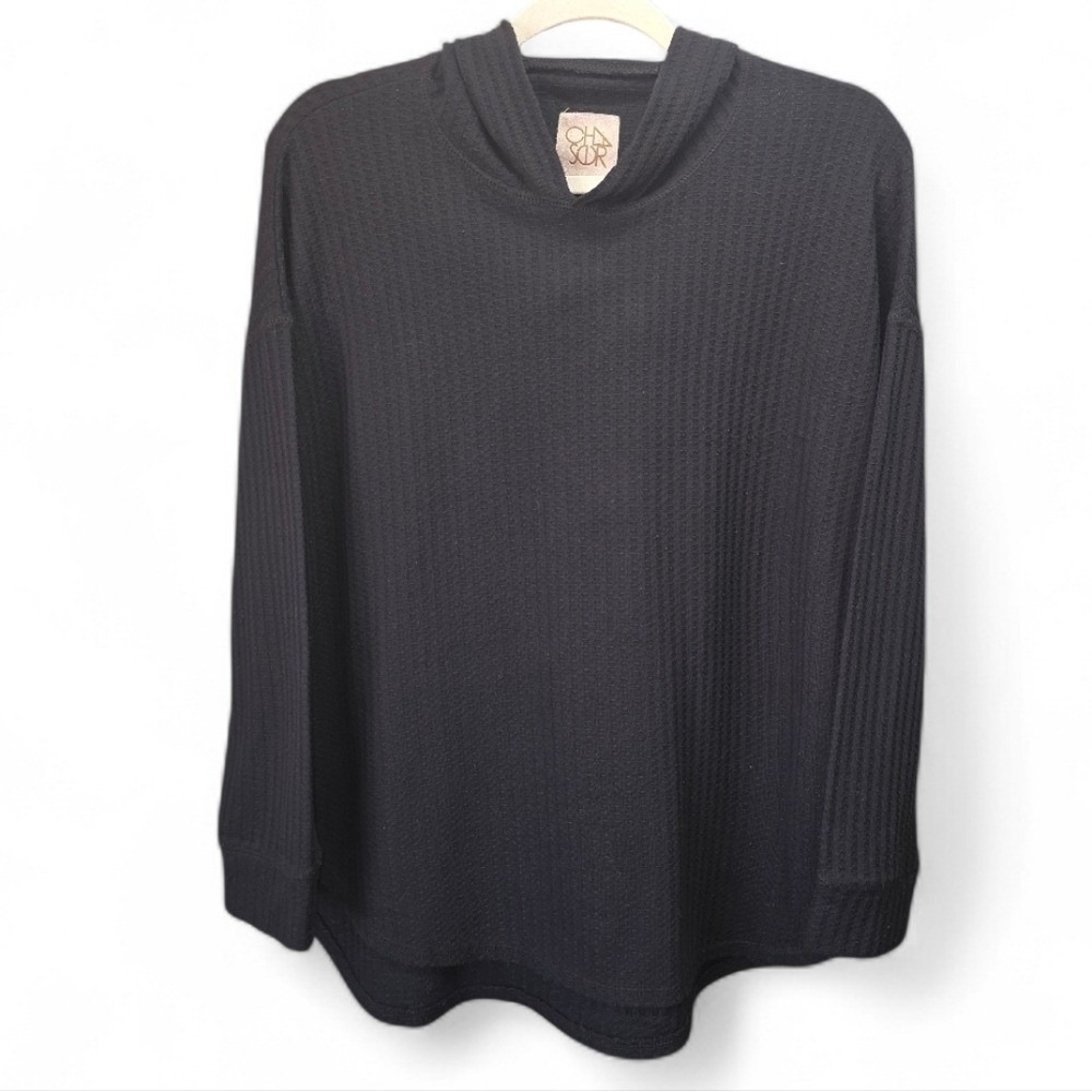 Chaser Thermal Waffle Knit Hoodie XL Black High Low Hem Casual Lounge Cozy Soft